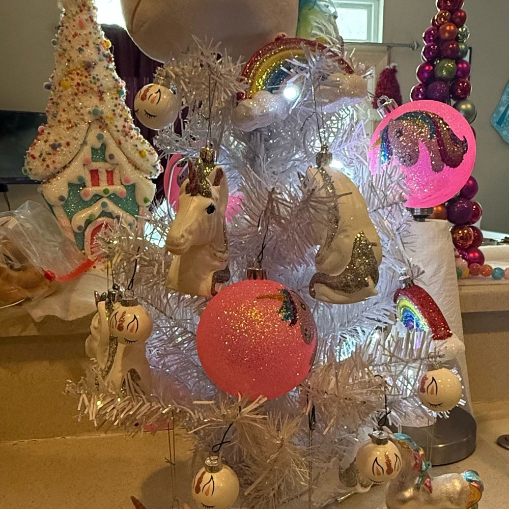 White Unicorn Holiday Tree with Pink Ornaments 24 inch lighted tree decorated